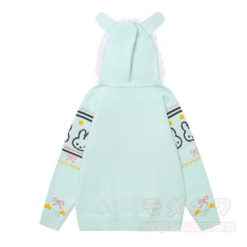 High Quality Sweet Rabbit Print Ear Hooded Zip Up Knit Cardigan - image 7
