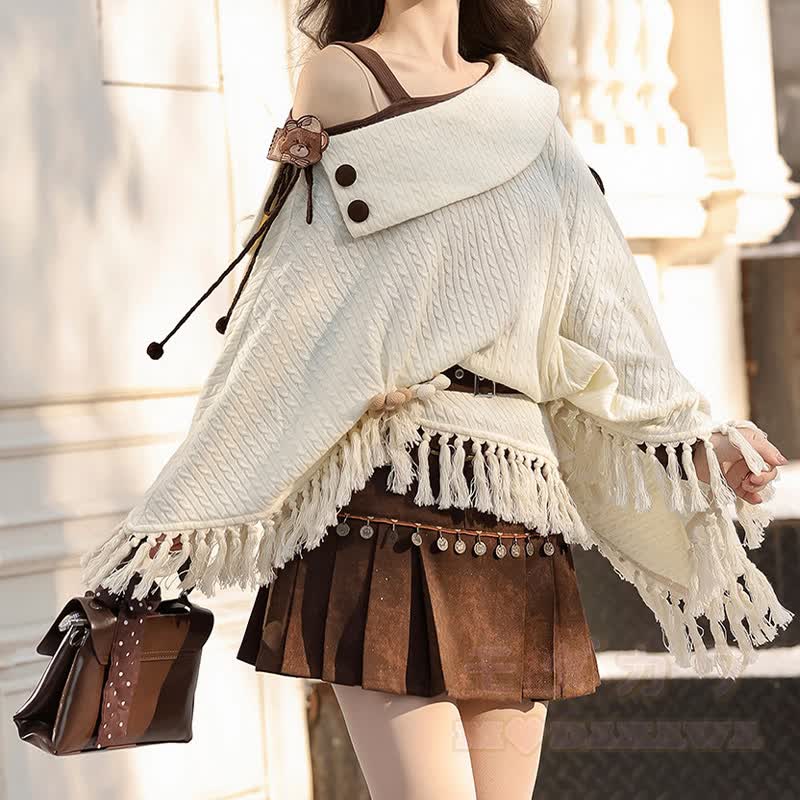 Vintage Fringe Cape Long Sleeve Top Belt Skirt Matching Outfit - image 4