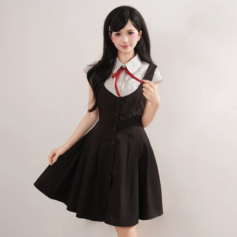 College Style Striped Short Sleeve Shirt Sleeveless Dress Two Pieces Set  - image 4