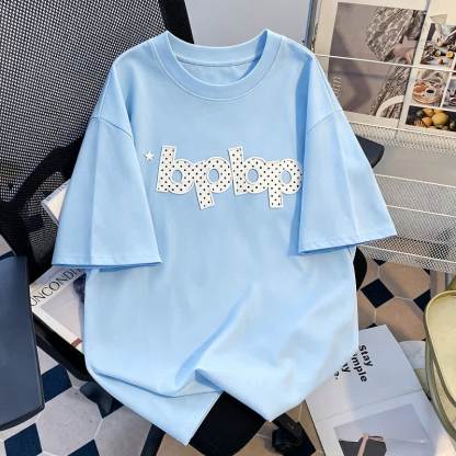 Dot Big Bow off Shoulder Top And BPBP Print T Shirt Couple Matching Set - Men's Blue T-Shirt - 2XL - image 8