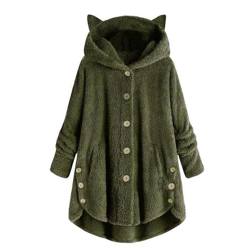 Kitty Ear Button Irregular Hooded Sweatshirt - Army Green - 5XL - image 7