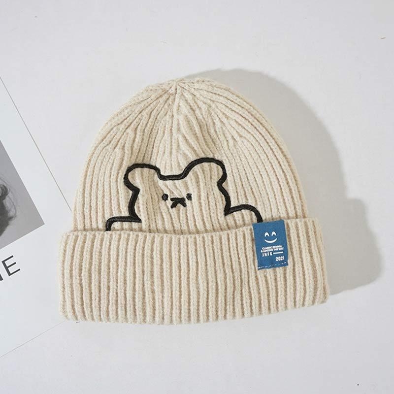Cartoon Bear Embroidery Knit Hat - Beige - M(54-58cm) - image 7