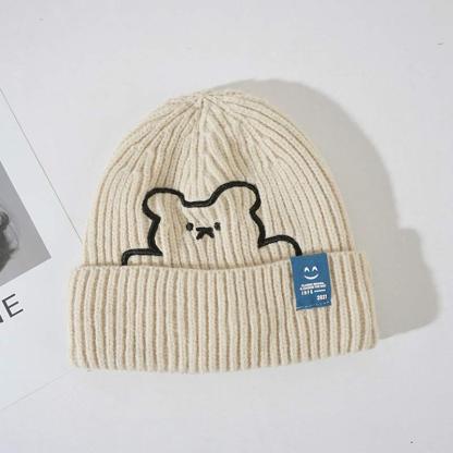 Cartoon Bear Embroidery Knit Hat - Beige - M(54-58cm) - image 7