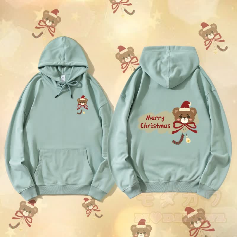 MODAKAWA Christmas Bow Bear Graphic Streetwear Pullover Hoodie - Green - 5XL - image 4
