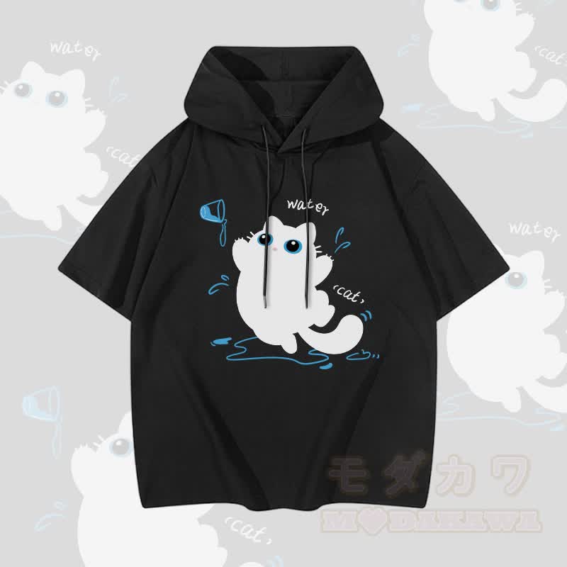 MODAKAWA Cat with Water Graphic Short Sleeve Hoodie - Black - 3XL - image 4