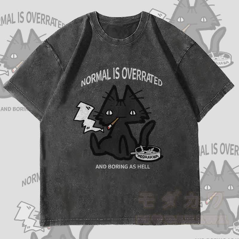 MODAKAWA NORMAL IS OVERRATED Smoking Cat Graphic Unisex Vintage Washed T-Shirt - Black - 4XL - image 4