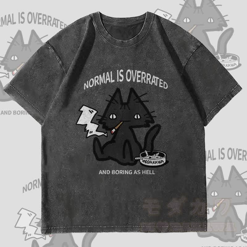 MODAKAWA NORMAL IS OVERRATED Smoking Cat Graphic Unisex Vintage Washed T-Shirt - Black - 4XL - image 4