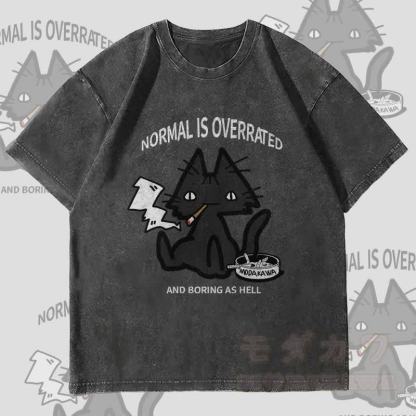 MODAKAWA NORMAL IS OVERRATED Smoking Cat Graphic Unisex Vintage Washed T-Shirt - Black - 4XL - image 4