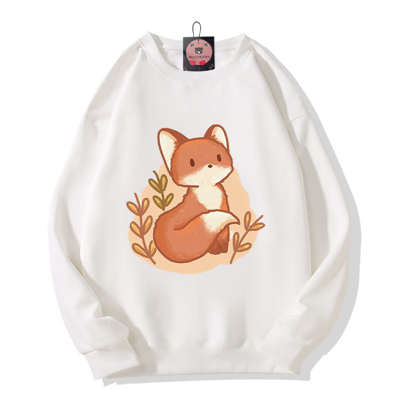 Modakawa Cartoon Fox Print Round Collar Plush Sweatshirt - White - 3XL - image 3