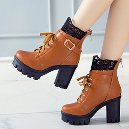 Lace Buckle Lace-Up High Heel Boots - image 7