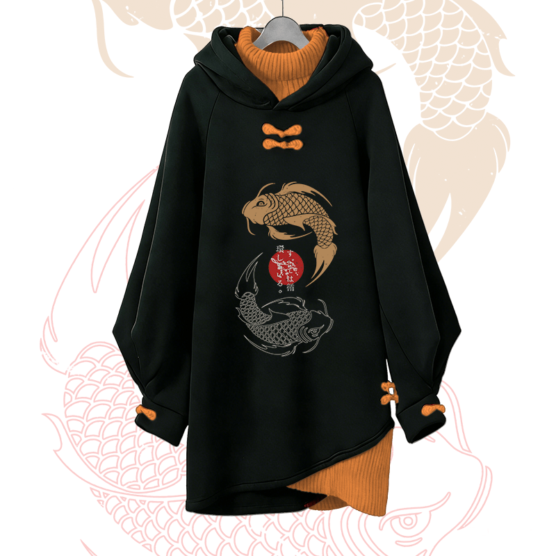 Koi Graphic Modakawa Buckle Vintage Hooded Sweatshirt Dress - Orange - 3XL - image 3