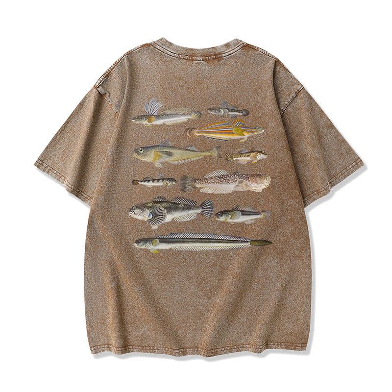 Modakawa Marine Fish Print Washed Loose Oversized Short Sleeve Tee - Coffee - 3XL - image 4