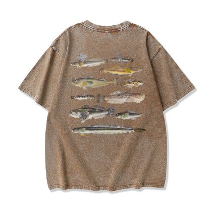 Modakawa Marine Fish Print Washed Loose Oversized Short Sleeve Tee - Coffee - 3XL - image 4