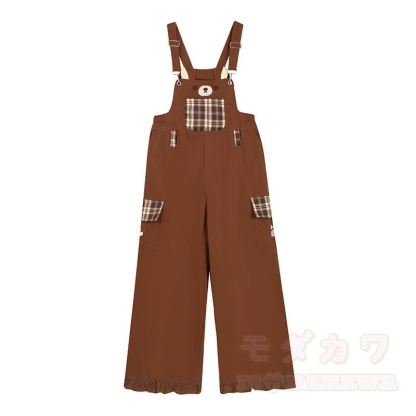 High Quality Durable Press Bear Embroidery Pendant Plaid Overalls - Brown - L - image 6