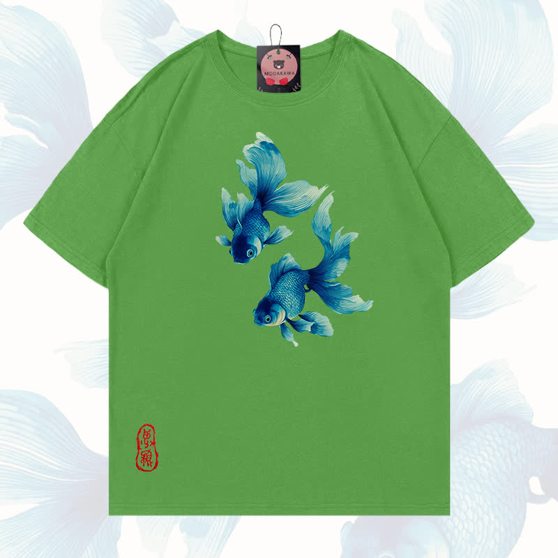 MODAKAWA Fish Graphic 100% Cotton T-shirt - Matcha green - 5XL - image 15