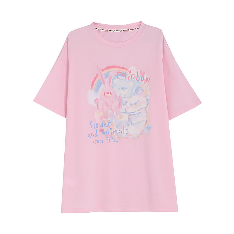 Rainbow Bunny Letter Print Matching Best Friends Loose T-Shirt - Pink - L - image 3