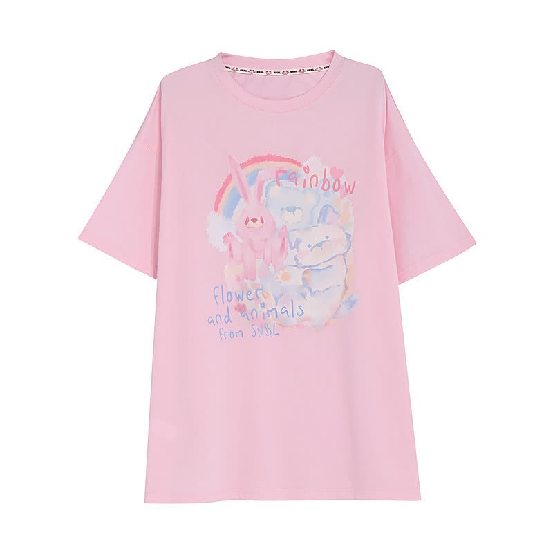 Rainbow Bunny Letter Print Matching Best Friends Loose T-Shirt - Pink - L - image 3
