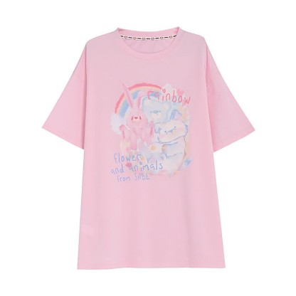 Rainbow Bunny Letter Print Matching Best Friends Loose T-Shirt - Pink - L - image 3