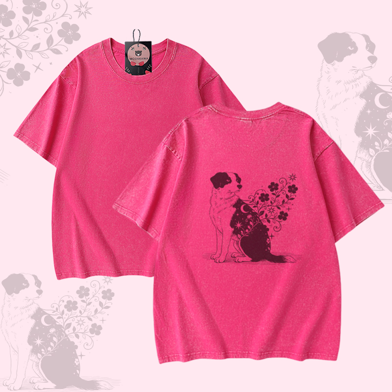 Puppy Graphic Modakawa Unisex Vintage Washed T-shirt - Rose Red - 5XL - image 5