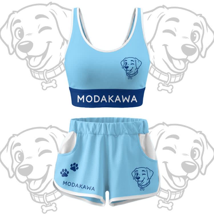 Happy Puppy Graphic Crop Tank Sport Top Shorts Bikini Modakawa Matching Outfit - Blue Set - 5XL - image 15