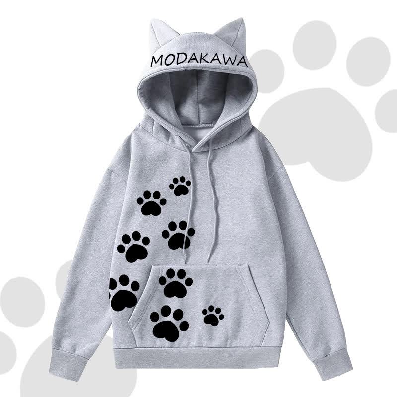 MODAKAWA Cat Paw Print Hoodie Striped Star Layered Skirt Two Pieces Set - Grey Top A - 2XL - image 8