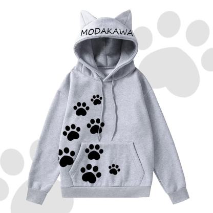 MODAKAWA Cat Paw Print Hoodie Striped Star Layered Skirt Two Pieces Set - Grey Top A - 2XL - image 8
