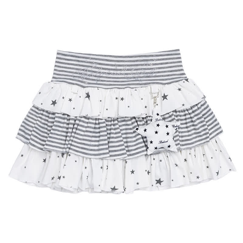 MODAKAWA Cat Paw Print Hoodie Striped Star Layered Skirt Two Pieces Set - White Skirt - L - image 13