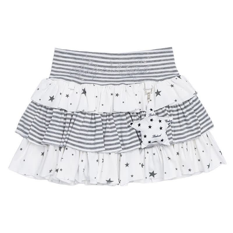 MODAKAWA Cat Paw Print Hoodie Striped Star Layered Skirt Two Pieces Set - White Skirt - L - image 13