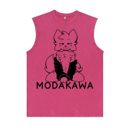 MODAKAWA X zarckets Anime Fox Graphic Unisex Vintage Washed Sleeveless T-shirt - Rose Red - 2XL - image 5
