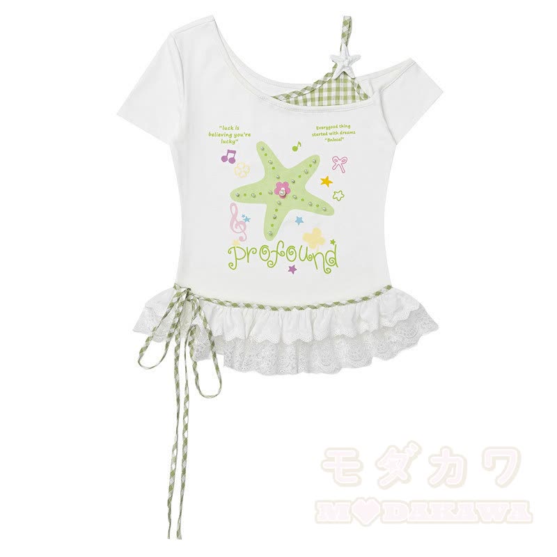 Star Print Off Shoulder Lace Top Polka Dot Wide Leg Pants Two Pieces Set - Green Top - L - image 5