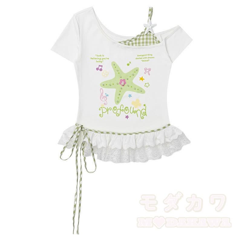 Star Print Off Shoulder Lace Top Polka Dot Wide Leg Pants Two Pieces Set - Green Top - L - image 5