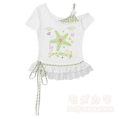 Star Print Off Shoulder Lace Top Polka Dot Wide Leg Pants Two Pieces Set - Green Top - L - image 5