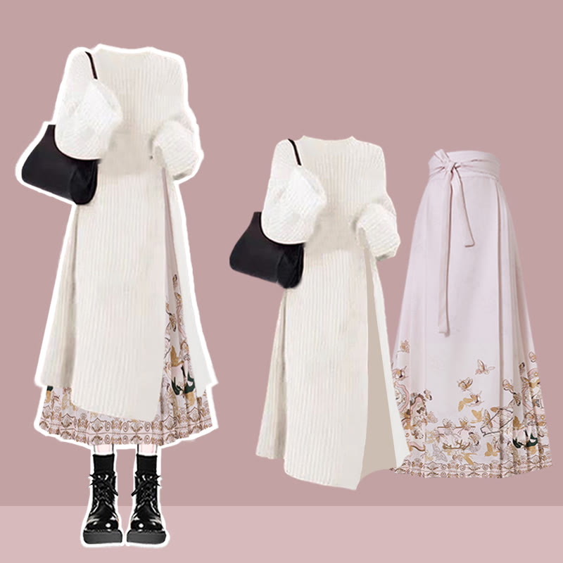 Knit Sweater Dress Flower Print Horse-face Skirt Matching Outfit - Set G - 3XL - image 9