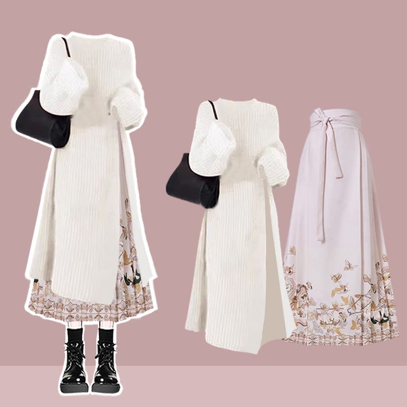 Knit Sweater Dress Flower Print Horse-face Skirt Matching Outfit - Set G - 3XL - image 9