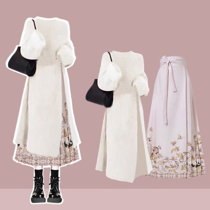 Knit Sweater Dress Flower Print Horse-face Skirt Matching Outfit - Set G - 3XL - image 9