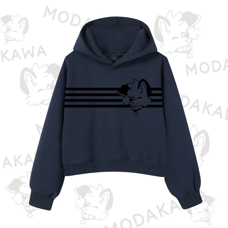 Modakawa Dog Graphic Stripe Cropped Cotton Hoodie - Navy Blue A - 3XL - image 10