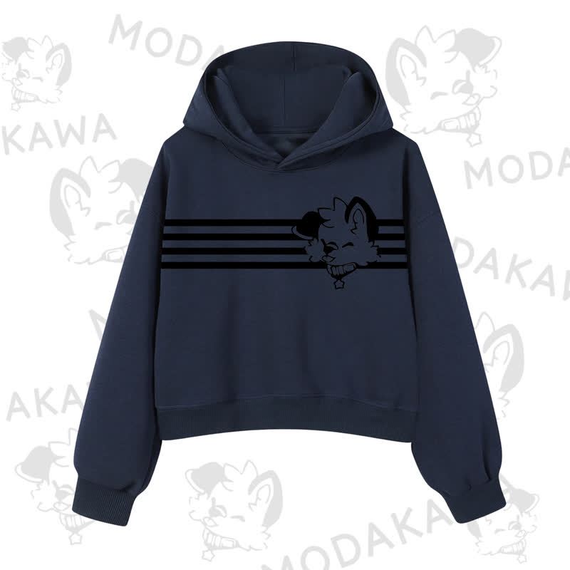 Modakawa Dog Graphic Stripe Cropped Cotton Hoodie - Navy Blue A - 3XL - image 10