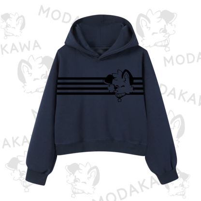 Modakawa Dog Graphic Stripe Cropped Cotton Hoodie - Navy Blue A - 3XL - image 10