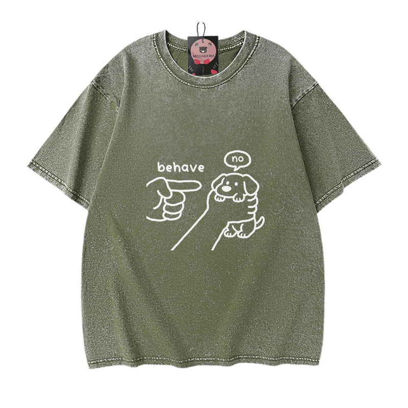 BEHAVE NO Puppy Graphic Modakawa Vintage Washed 100% Cotton T-shirt - Green - 5XL - image 8