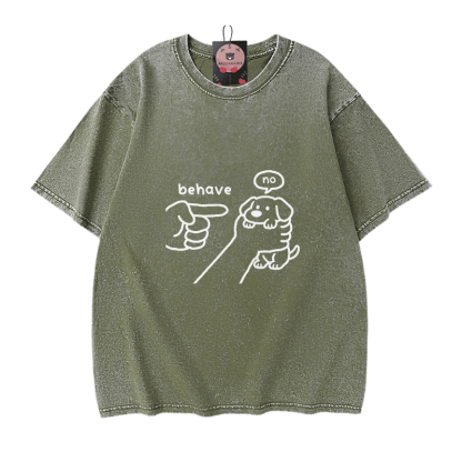 BEHAVE NO Puppy Graphic Modakawa Vintage Washed 100% Cotton T-shirt - Green - 5XL - image 8