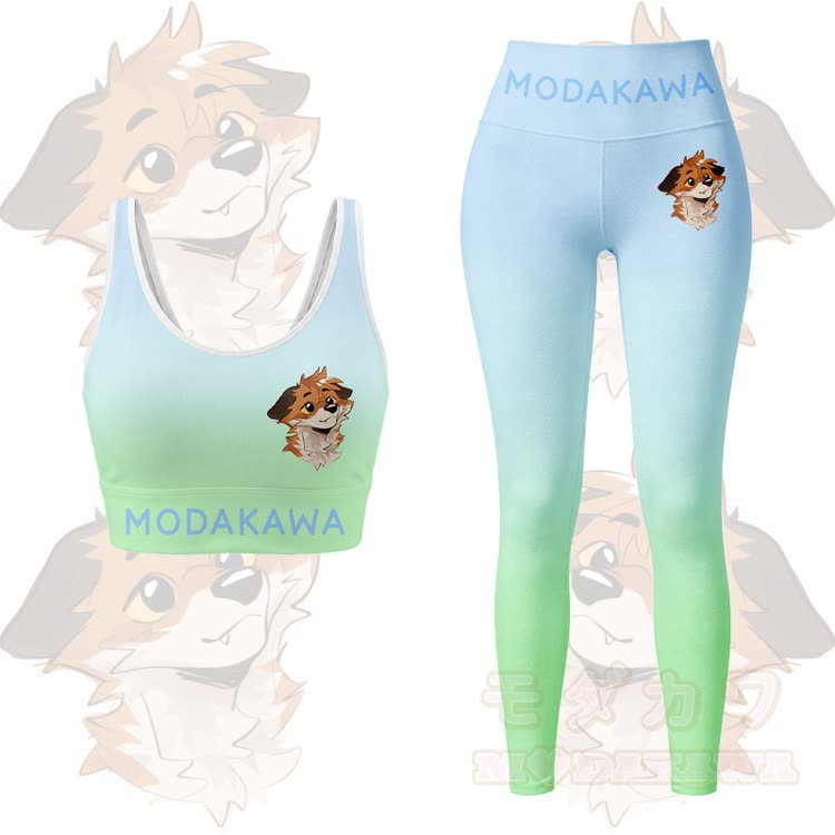 MODAKAWA X atka Fox Graphic Gradient Sports Bra Top Leggings Matching Outfit - Green Set - 5XL - image 13