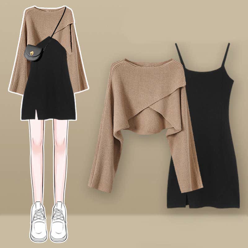 Cross Knit Sweater Lace Up Irregular Ruffled Slip Dress Matching Outfit - Khaki Sweater+Black Dress B - XL - image 4