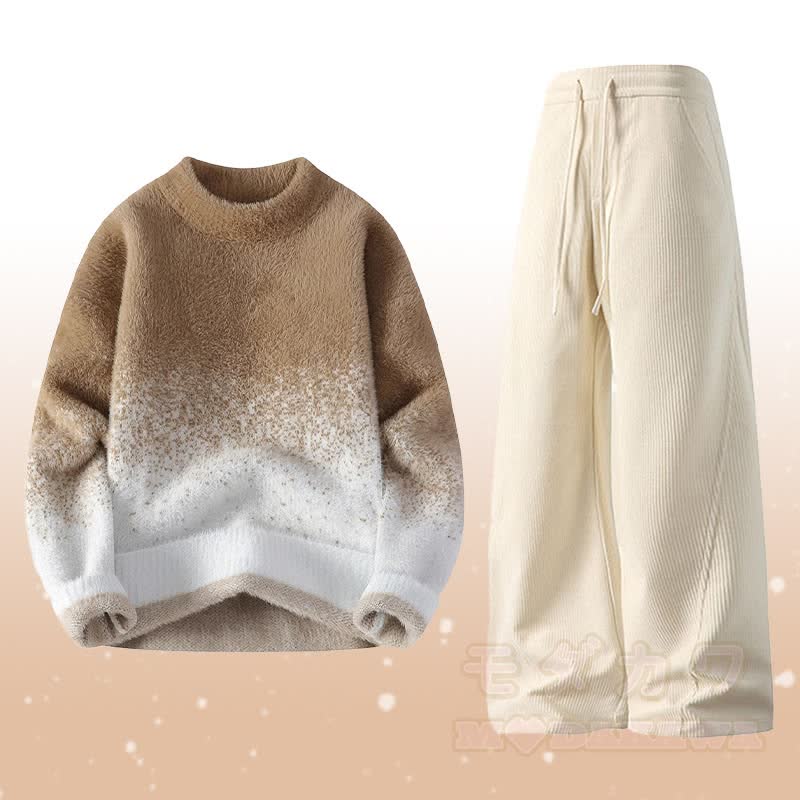 Gradient Knit Fuzzy Sweater Corduroy Pants Two Pieces - Set G - 4XL - image 7