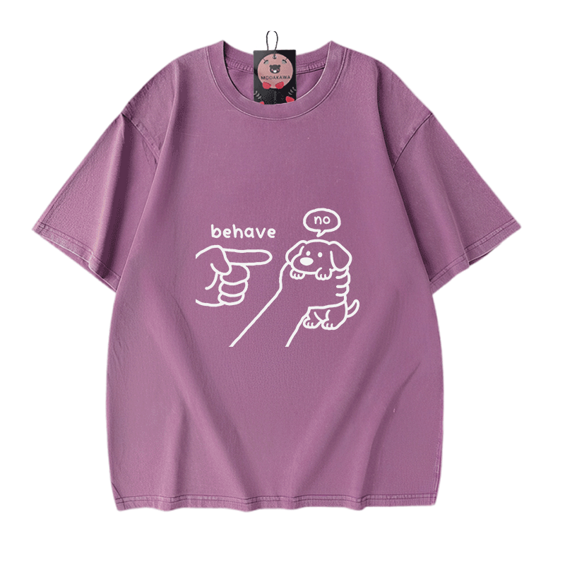 BEHAVE NO Puppy Graphic Modakawa Vintage Washed 100% Cotton T-shirt - Purple - 5XL - image 6