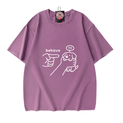 BEHAVE NO Puppy Graphic Modakawa Vintage Washed 100% Cotton T-shirt - Purple - 5XL - image 6