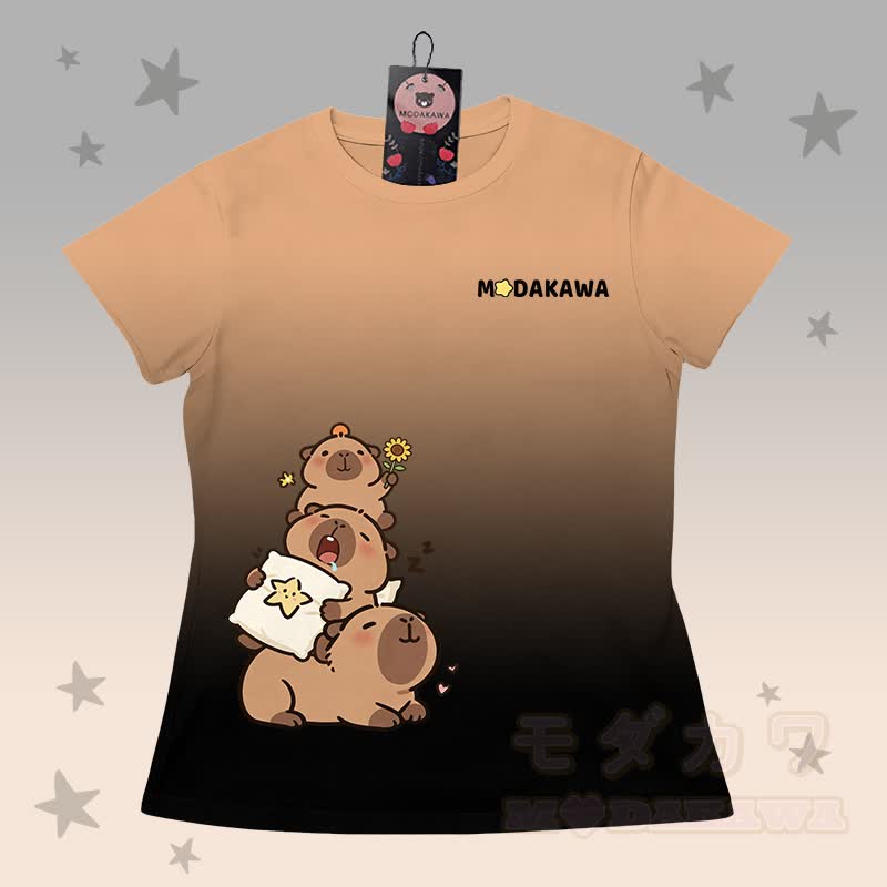 Gradient Capybara Graphic T-shirt Letter Graphic Shorts Modakawa Matching Outfit - Brown & Black T-shirt - 5XL - image 5