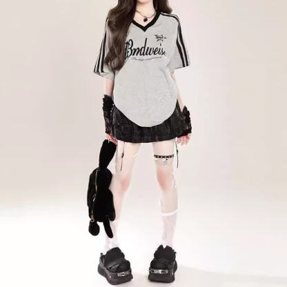 Vintage Striped V Neck Summer Loose Short Sleeve T Shirt  - image 4