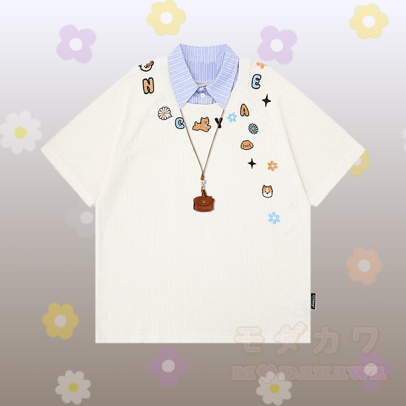 Puppy Graphic Stripe Polo T-shirt Food Embroidery Denim Cropped Pants Modakawa Matching Outfit - White T-shirt - XL - image 4