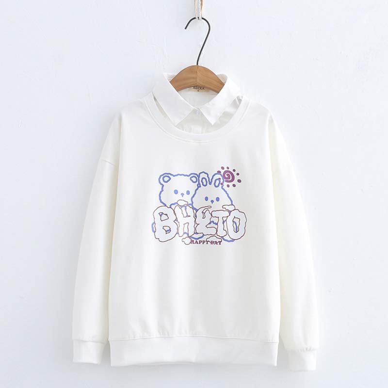 Cartoon Bear Bunny Print Fake Two Pieces Sweatshirt - White - L - image 1