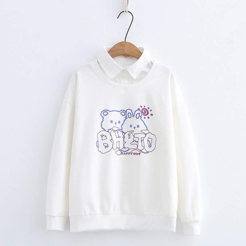 Cartoon Bear Bunny Print Fake Two Pieces Sweatshirt - White - L - image 1